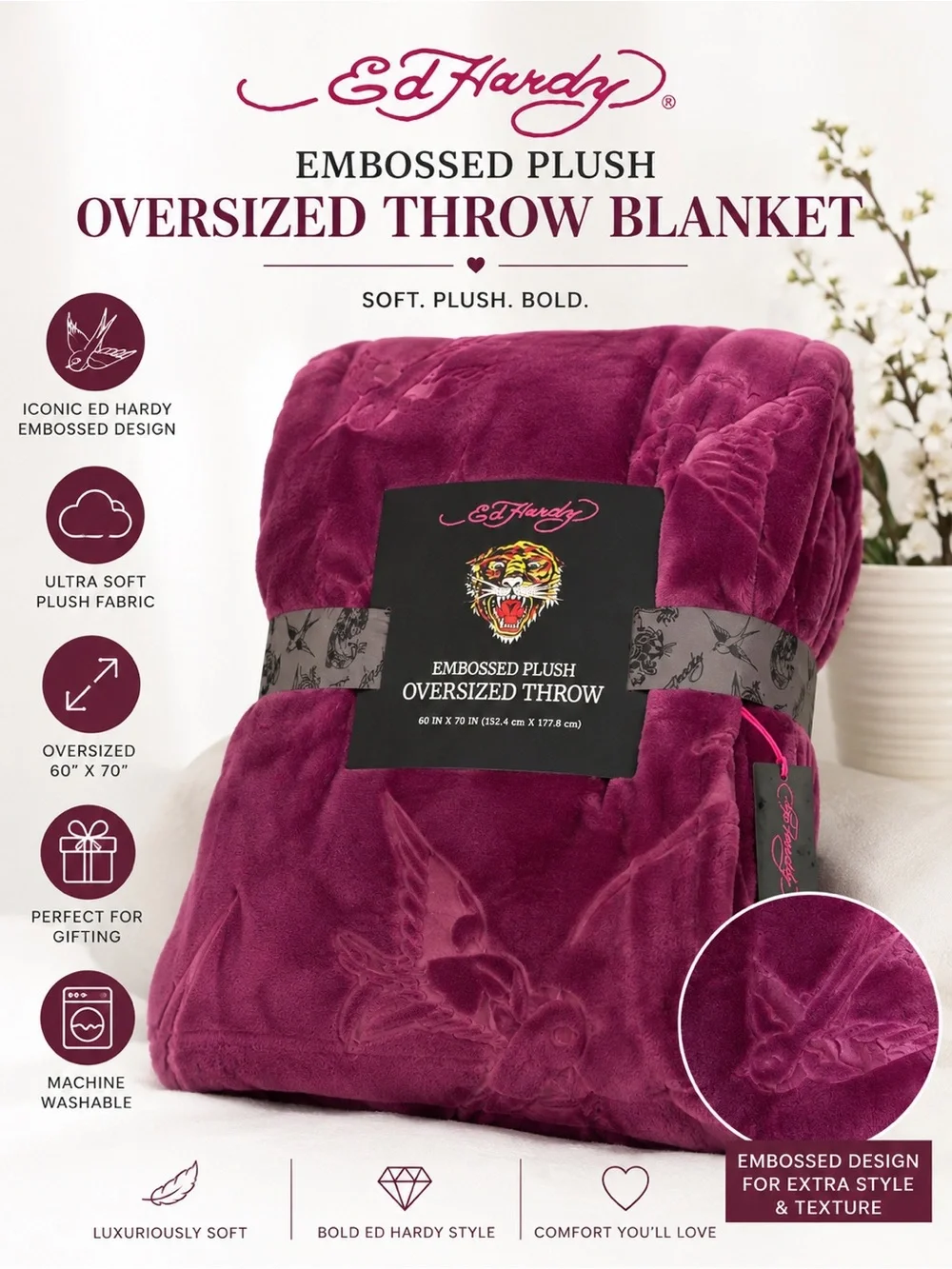 Ed Hardy Embossed Plush Oversized Throw Blanket in Plum Purple 60” x 70”  NWT